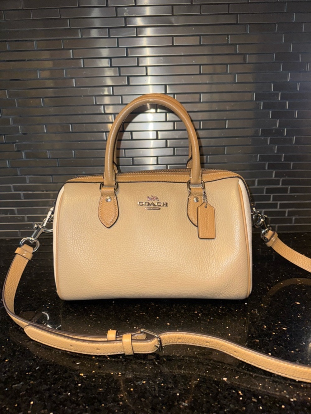 Coach Beige and Tan Leather Satchel with Crossbody Strap